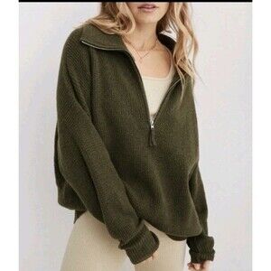 Aerie Sweater Women's Size Medium CozyUp Waffle Knit Quarter Zip Green Oversized